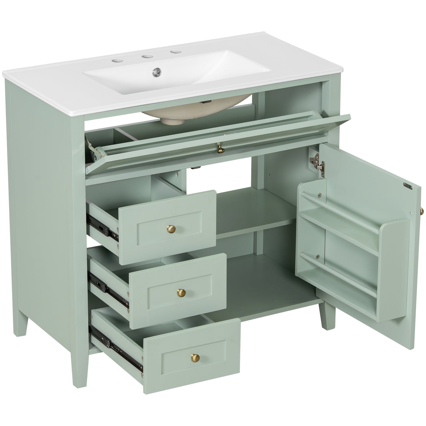 VanityFus 36-in Green Bathroom Vanity Single Sink Combo Ceramic Top 1 door 4 drawers Undermount Adjustable Shelves