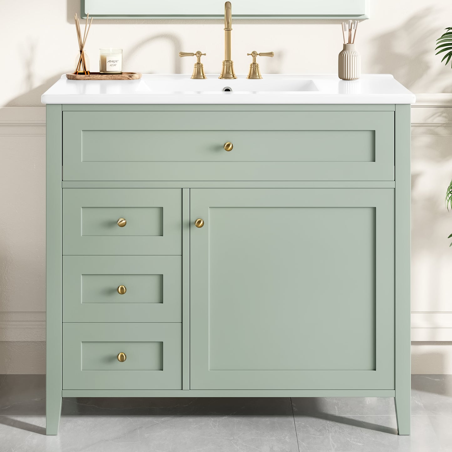 VanityFus 36-in Green Bathroom Vanity Single Sink Combo Ceramic Top 1 door 4 drawers Undermount Adjustable Shelves