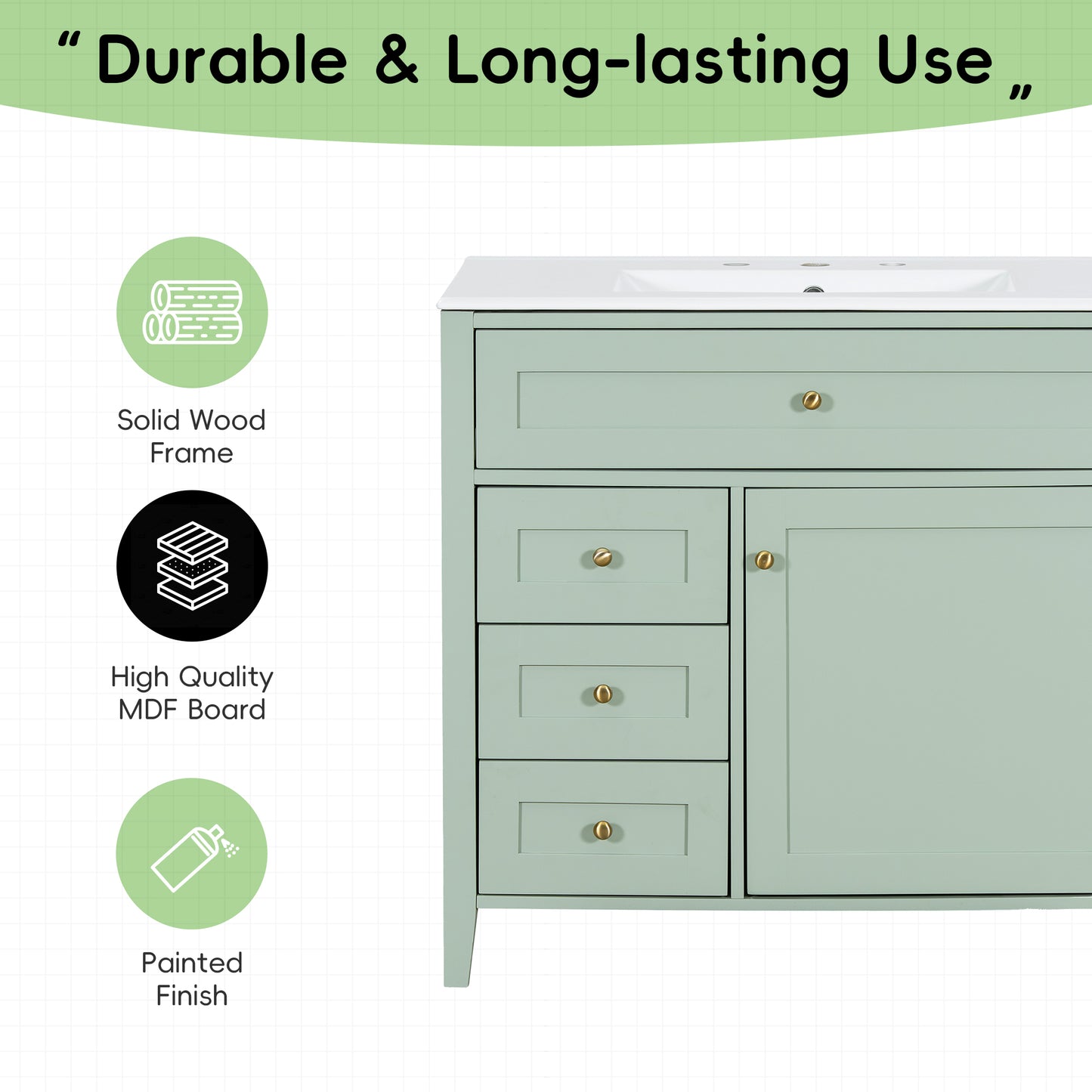 VanityFus 36-in Green Bathroom Vanity Single Sink Combo Ceramic Top 1 door 4 drawers Undermount Adjustable Shelves