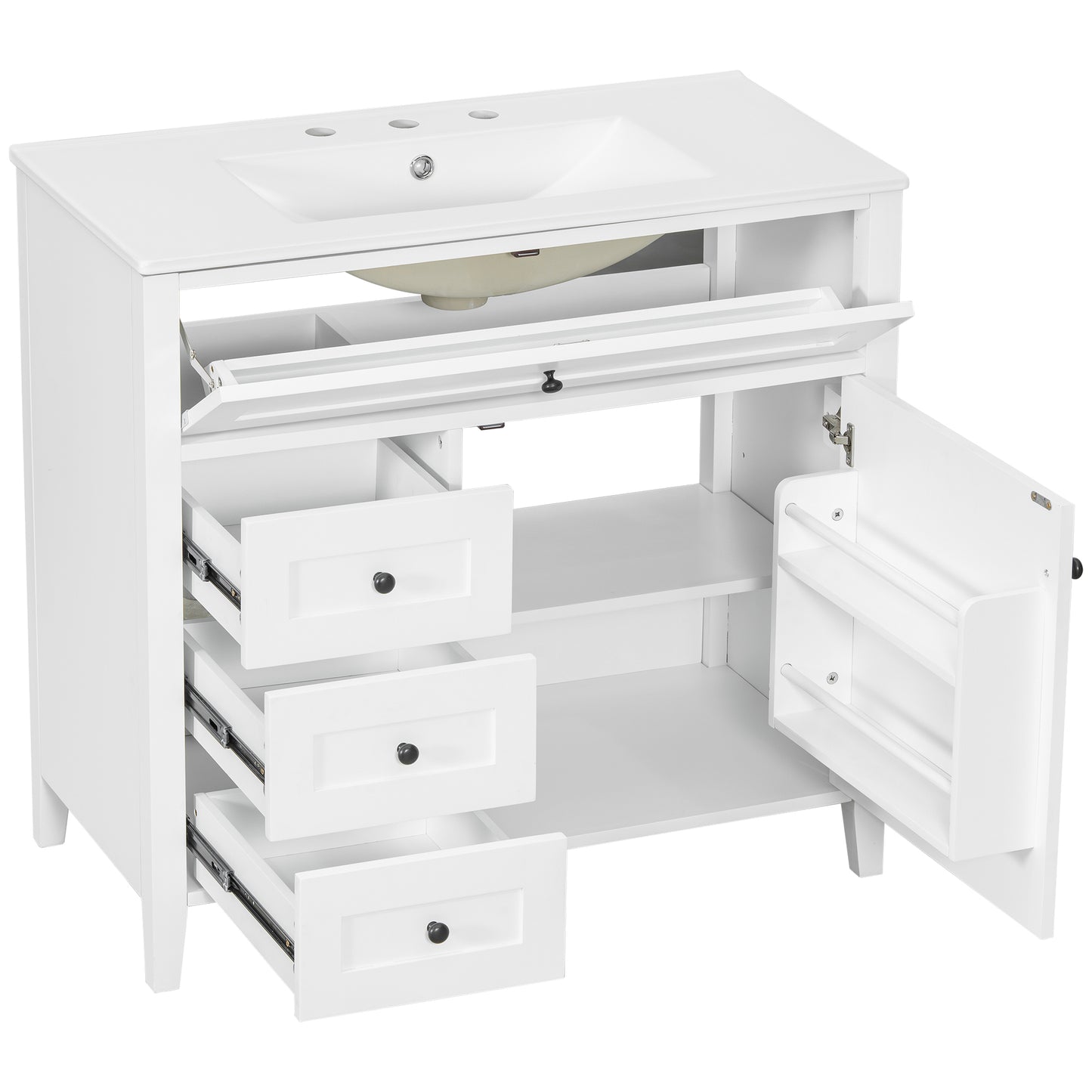 VanityFus 36-in White Bathroom Vanity Single Sink Combo Ceramic Top 1 door 4 drawers Undermount Adjustable Shelves