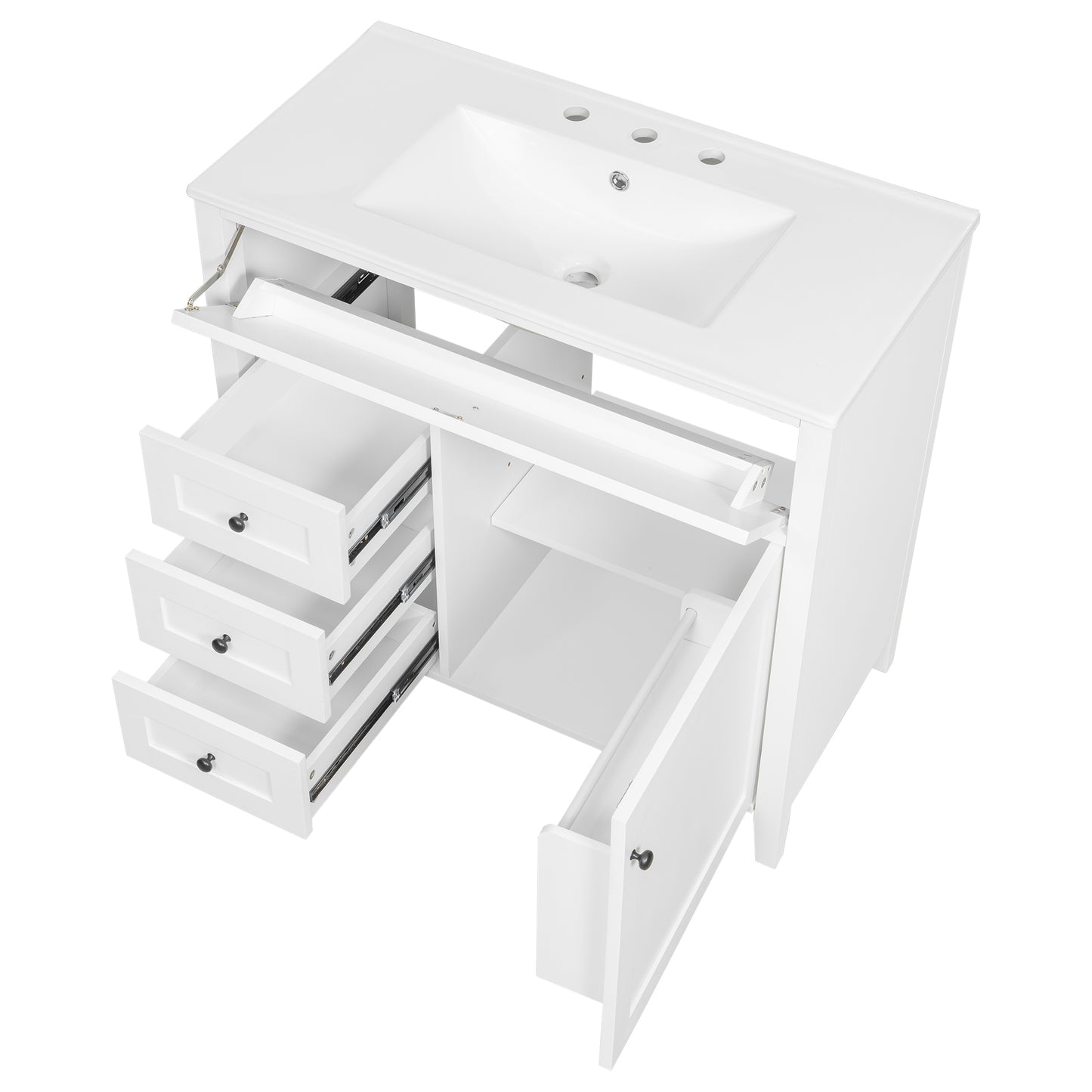 VanityFus 36-in White Bathroom Vanity Single Sink Combo Ceramic Top 1 door 4 drawers Undermount Adjustable Shelves
