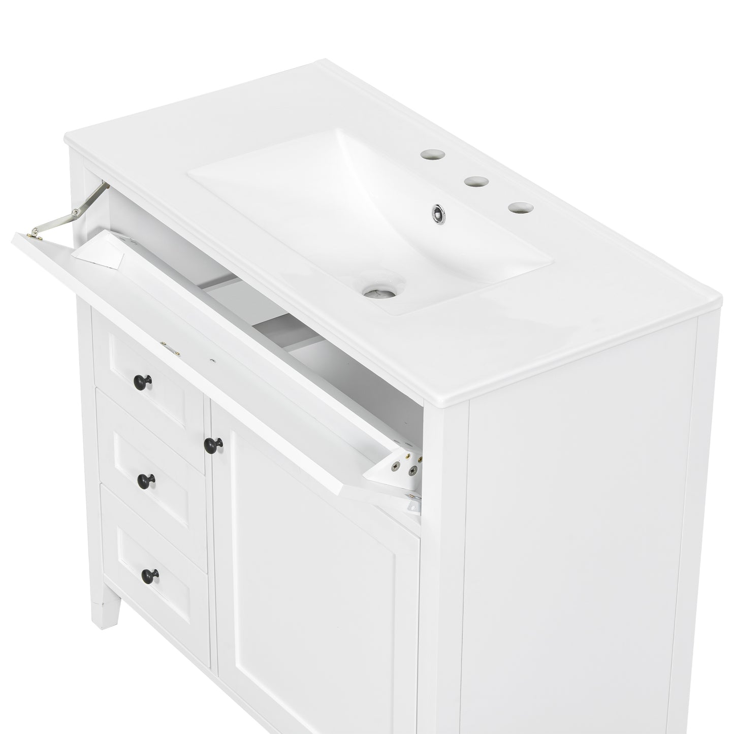 VanityFus 36-in White Bathroom Vanity Single Sink Combo Ceramic Top 1 door 4 drawers Undermount Adjustable Shelves