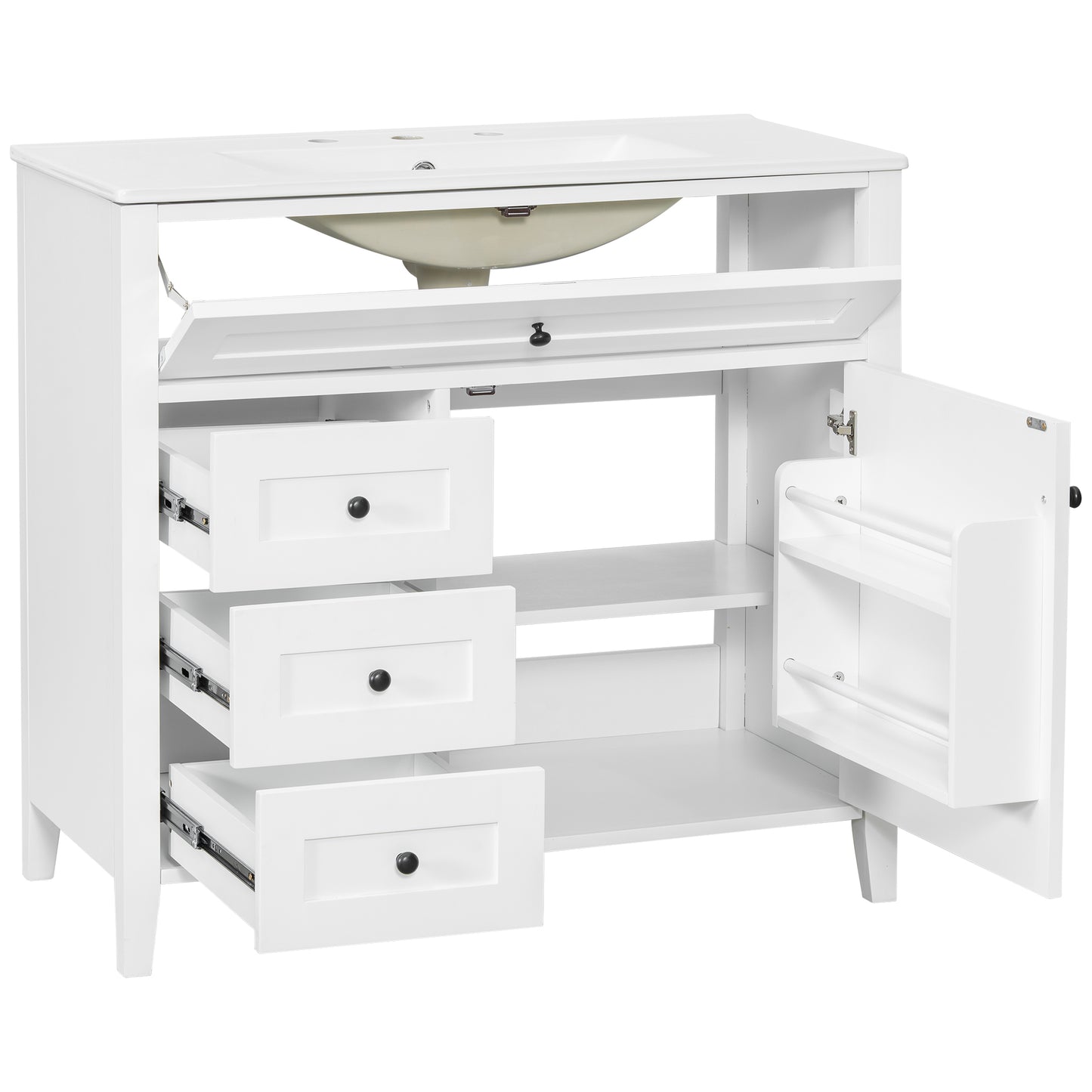 VanityFus 36-in White Bathroom Vanity Single Sink Combo Ceramic Top 1 door 4 drawers Undermount Adjustable Shelves