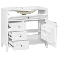 VanityFus 36-in White Bathroom Vanity Single Sink Combo Ceramic Top 1 door 4 drawers Undermount Adjustable Shelves