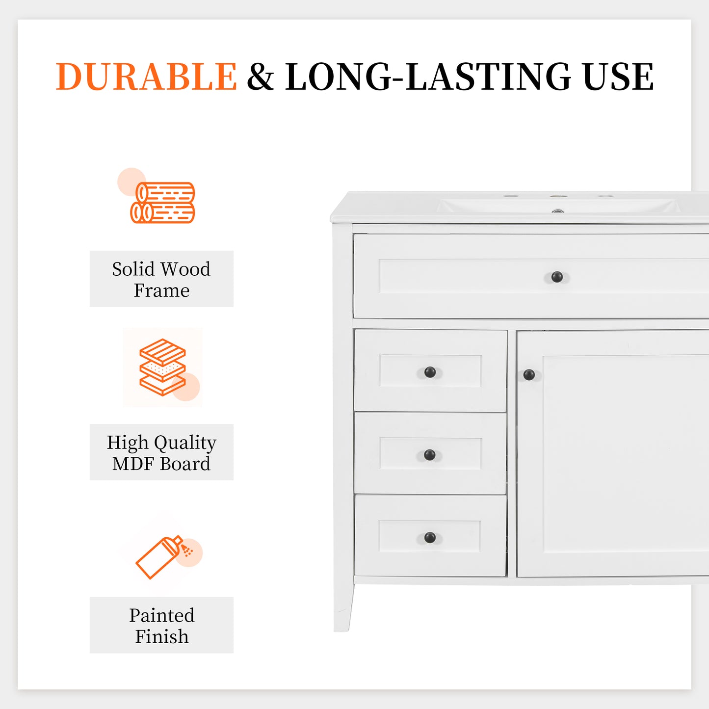 VanityFus 36-in White Bathroom Vanity Single Sink Combo Ceramic Top 1 door 4 drawers Undermount Adjustable Shelves