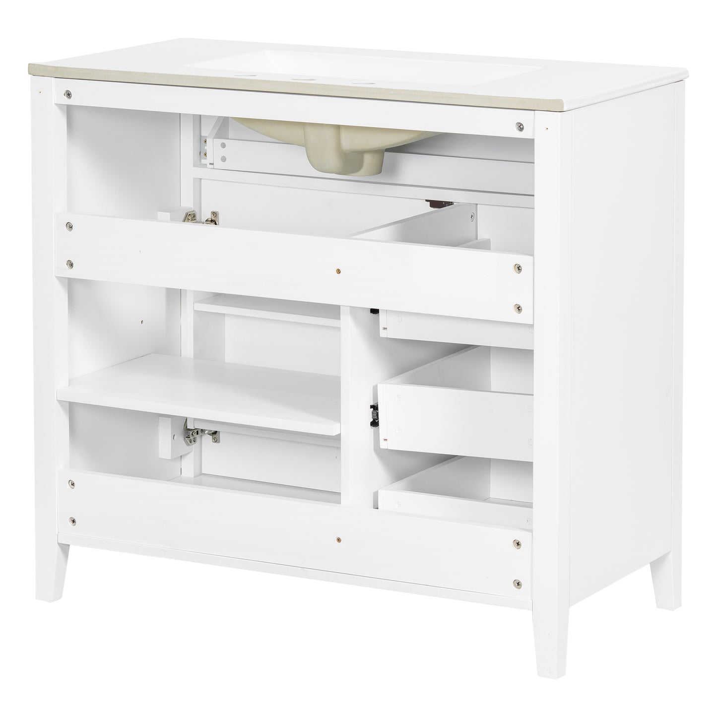 VanityFus 36-in White Bathroom Vanity Single Sink Combo Ceramic Top 1 door 4 drawers Undermount Adjustable Shelves