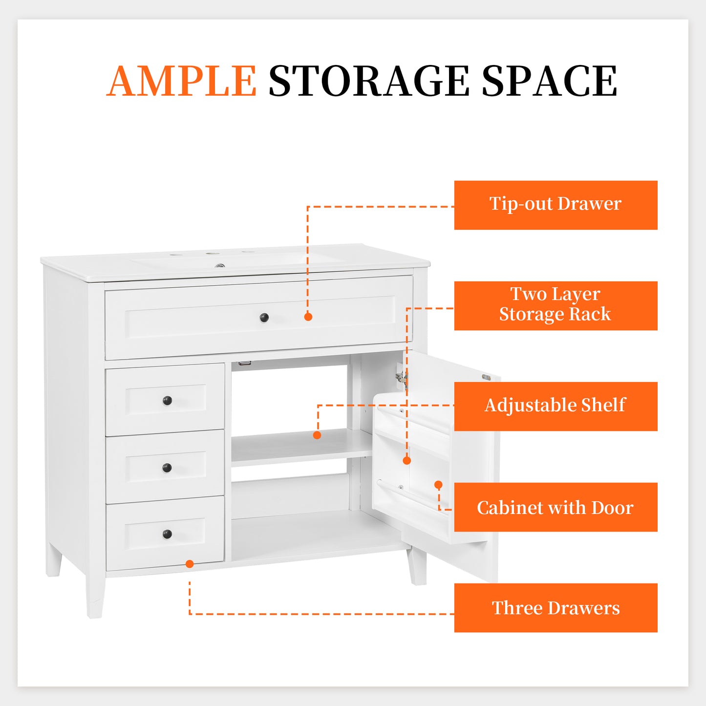 VanityFus 36-in White Bathroom Vanity Single Sink Combo Ceramic Top 1 door 4 drawers Undermount Adjustable Shelves