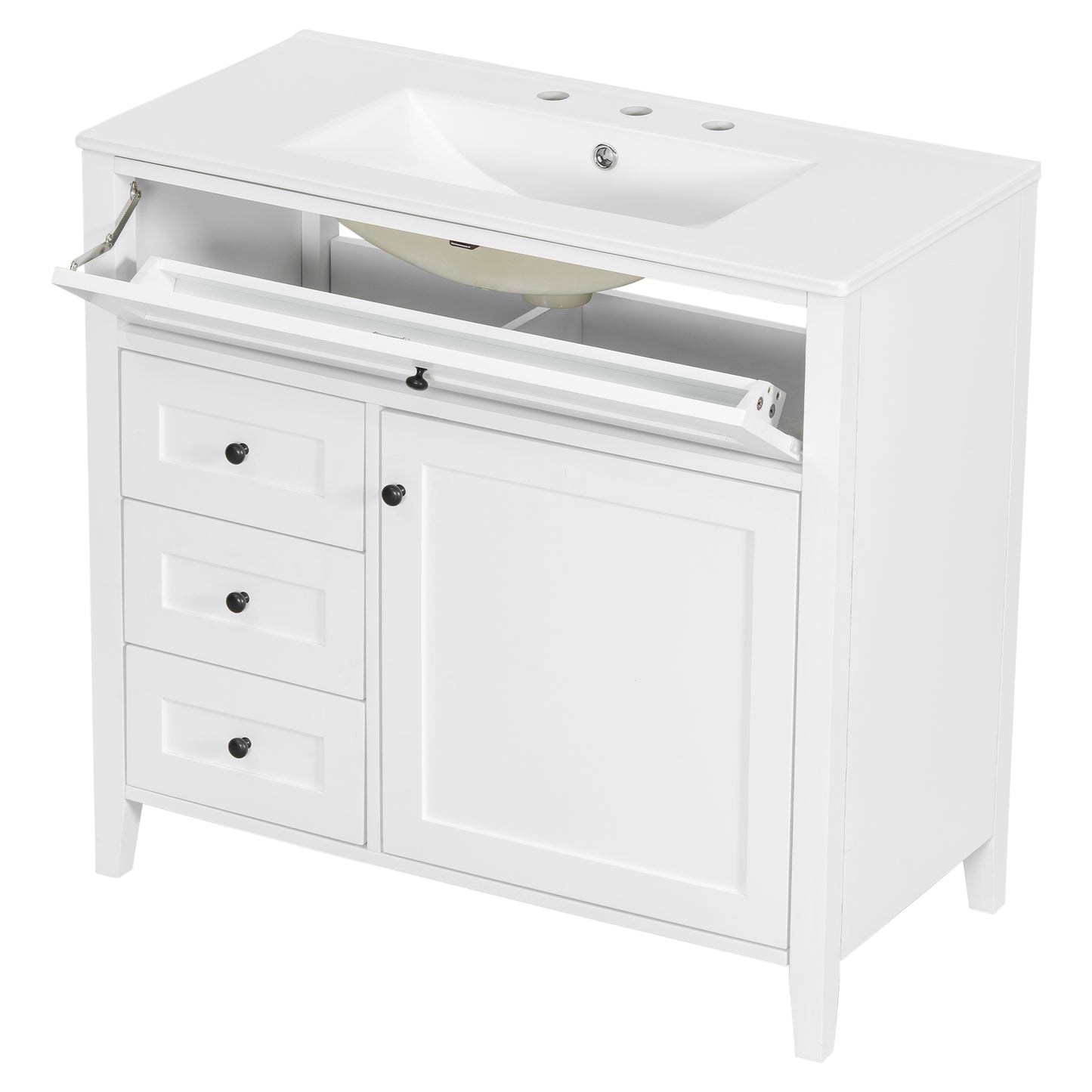 VanityFus 36-in White Bathroom Vanity Single Sink Combo Ceramic Top 1 door 4 drawers Undermount Adjustable Shelves