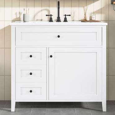 VanityFus 36-in White Bathroom Vanity Single Sink Combo Ceramic Top 1 door 4 drawers Undermount Adjustable Shelves
