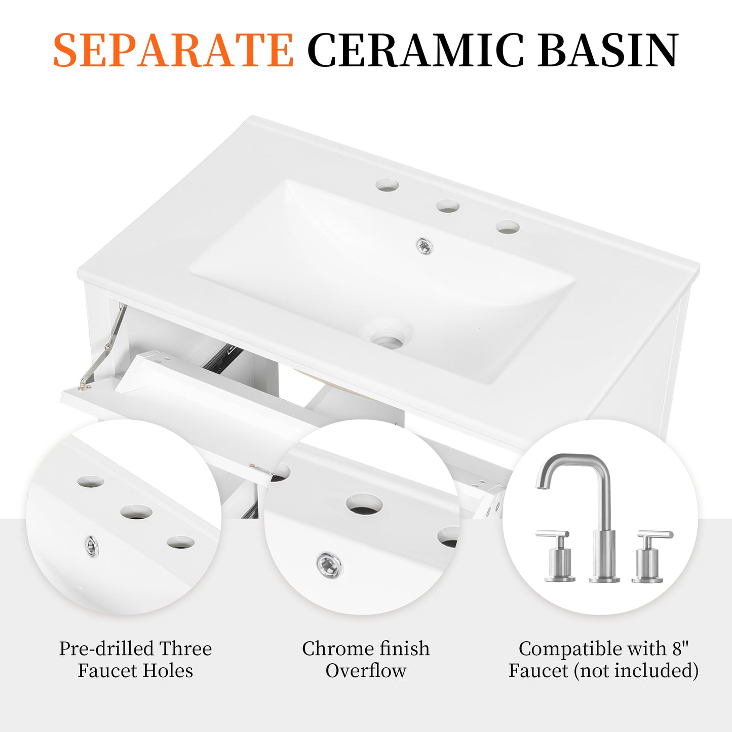 VanityFus 36-in White Bathroom Vanity Single Sink Combo Ceramic Top 1 door 4 drawers Undermount Adjustable Shelves