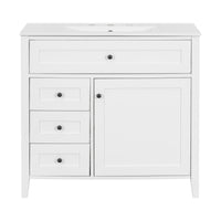 VanityFus 36-in White Bathroom Vanity Single Sink Combo Ceramic Top 1 door 4 drawers Undermount Adjustable Shelves