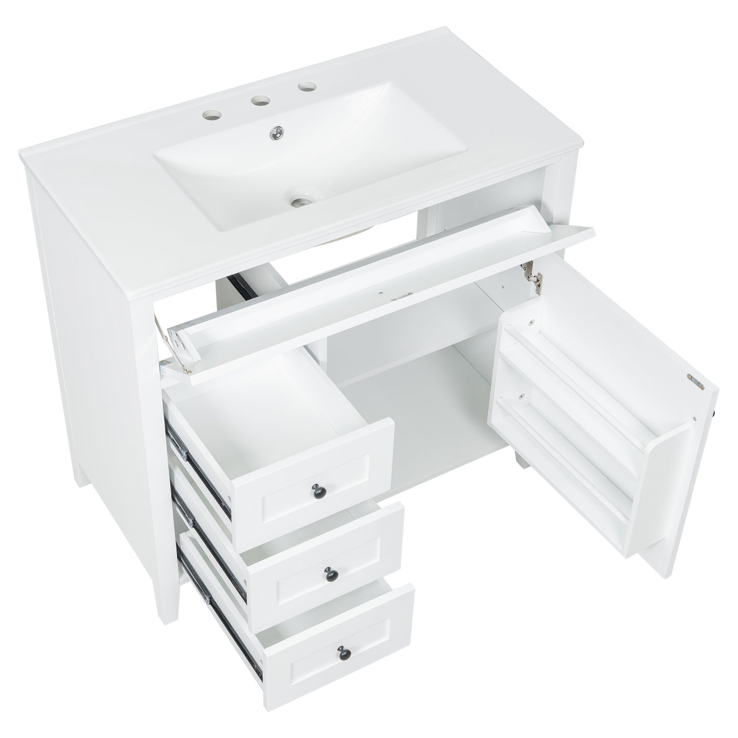 VanityFus 36-in White Bathroom Vanity Single Sink Combo Ceramic Top 1 door 4 drawers Undermount Adjustable Shelves