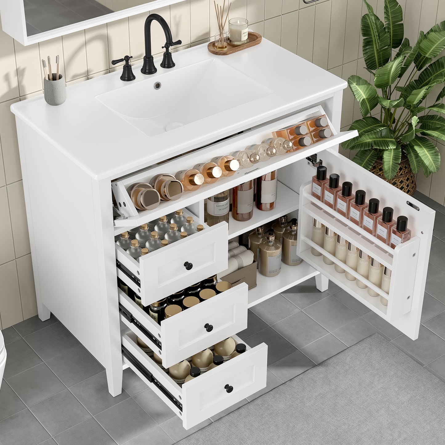VanityFus 36-in White Bathroom Vanity Single Sink Combo Ceramic Top 1 door 4 drawers Undermount Adjustable Shelves