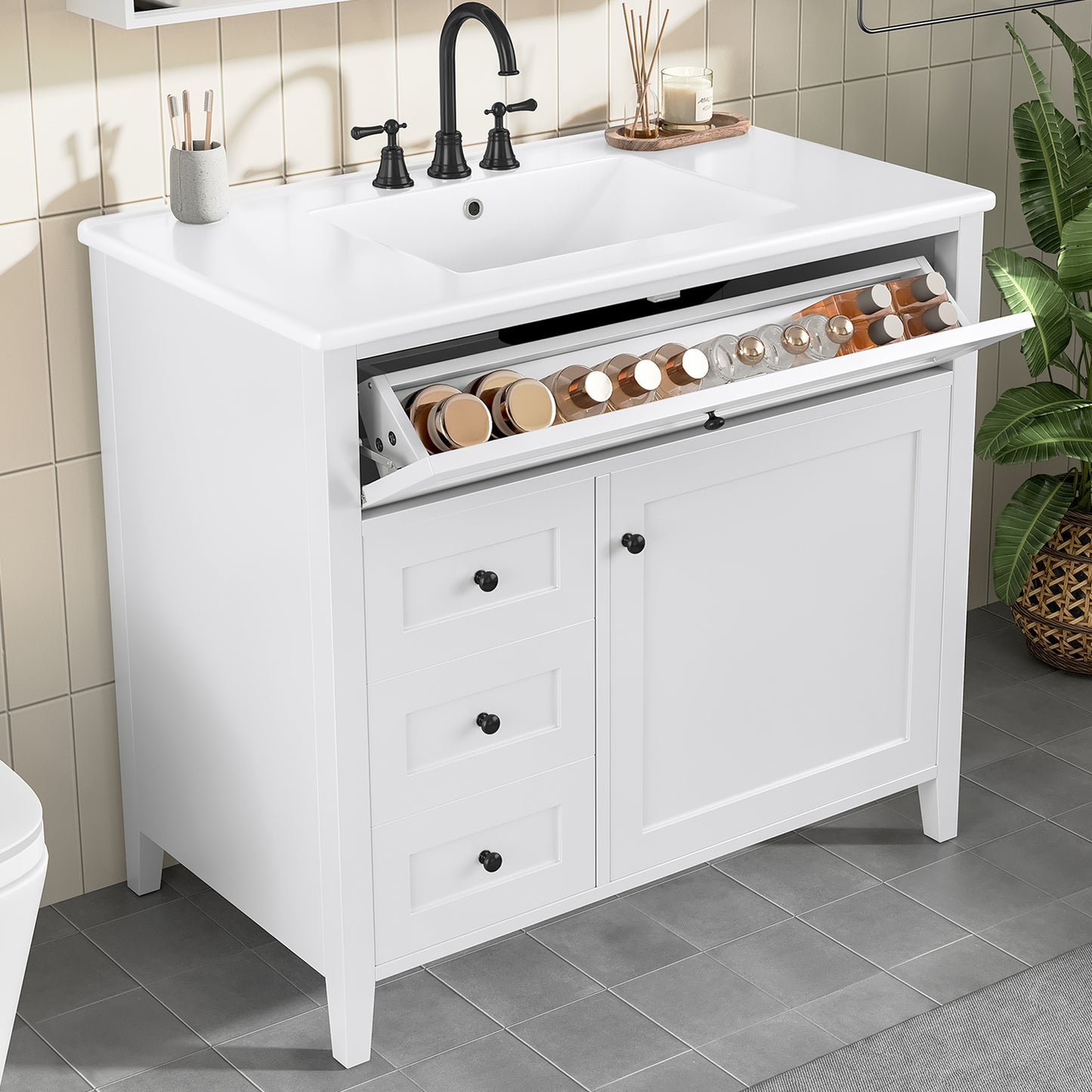 VanityFus 36-in White Bathroom Vanity Single Sink Combo Ceramic Top 1 door 4 drawers Undermount Adjustable Shelves