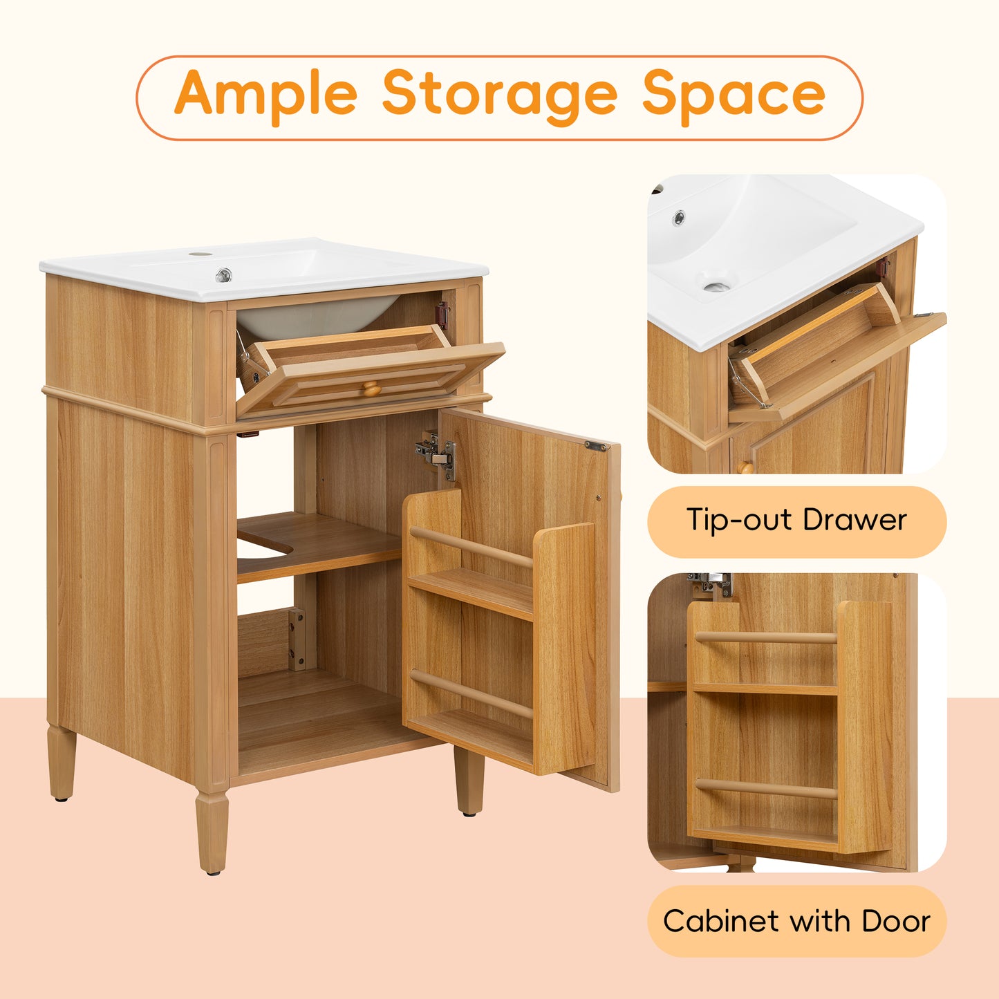 VanityFus 20-in Wood Bathroom Vanity Single Sink Combo Ceramic Top 1 Soft Close Door 1 drawer Undermount Adjustable Shelves