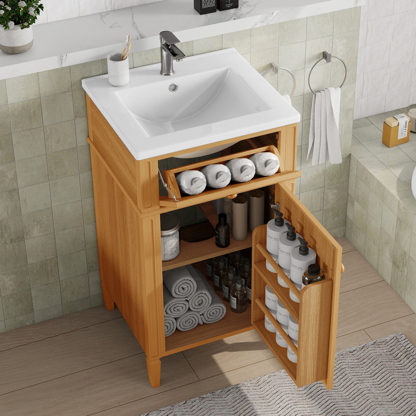 VanityFus 20-in Wood Bathroom Vanity Single Sink Combo Ceramic Top 1 Soft Close Door 1 drawer Undermount Adjustable Shelves