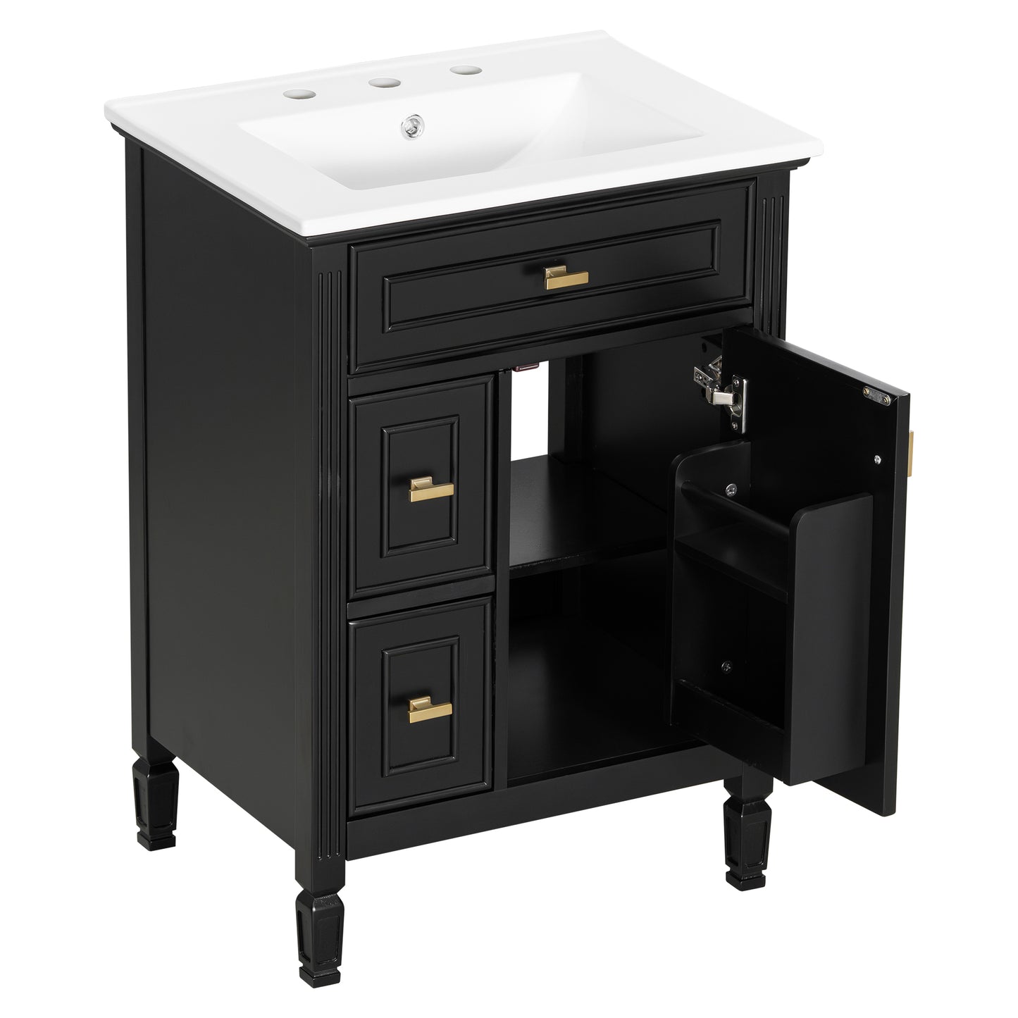 VanityFus 24-in Black Bathroom Vanity Single Sink Combo Ceramic Top 1 door 3 drawers Adjustable Shelves