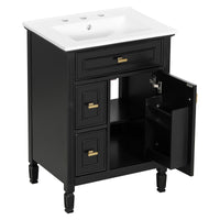 VanityFus 24-in Black Bathroom Vanity Single Sink Combo Ceramic Top 1 door 3 drawers Adjustable Shelves