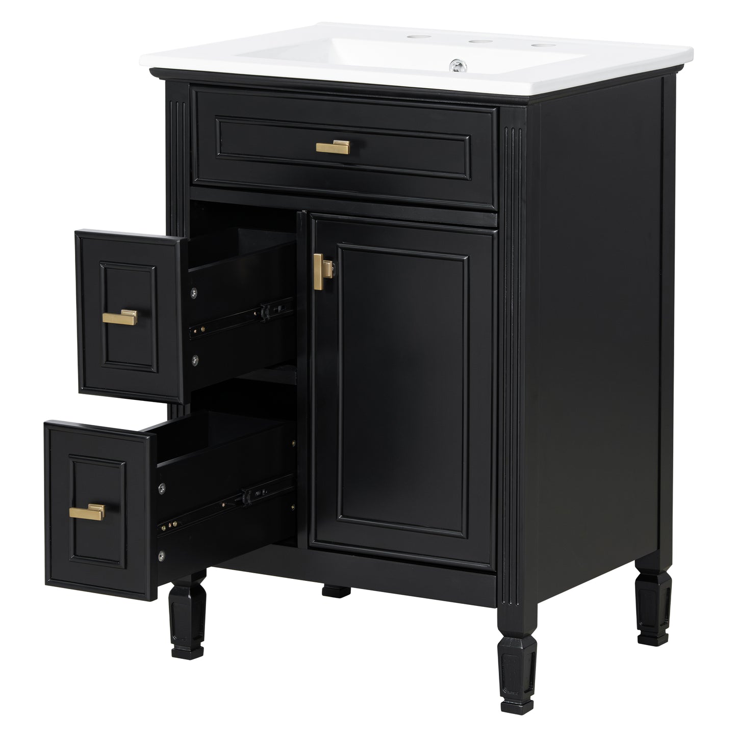 VanityFus 24-in Black Bathroom Vanity Single Sink Combo Ceramic Top 1 door 3 drawers Adjustable Shelves