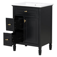 VanityFus 24-in Black Bathroom Vanity Single Sink Combo Ceramic Top 1 door 3 drawers Adjustable Shelves