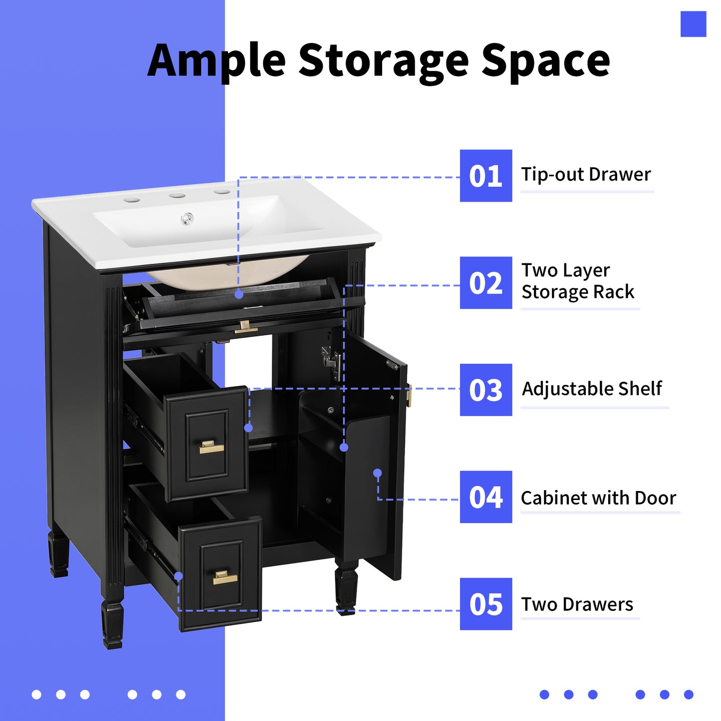 VanityFus 24-in Black Bathroom Vanity Single Sink Combo Ceramic Top 1 door 3 drawers Adjustable Shelves