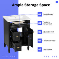 VanityFus 24-in Black Bathroom Vanity Single Sink Combo Ceramic Top 1 door 3 drawers Adjustable Shelves