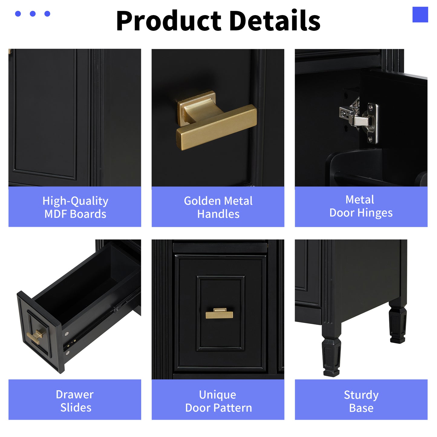 VanityFus 24-in Black Bathroom Vanity Single Sink Combo Ceramic Top 1 door 3 drawers Adjustable Shelves