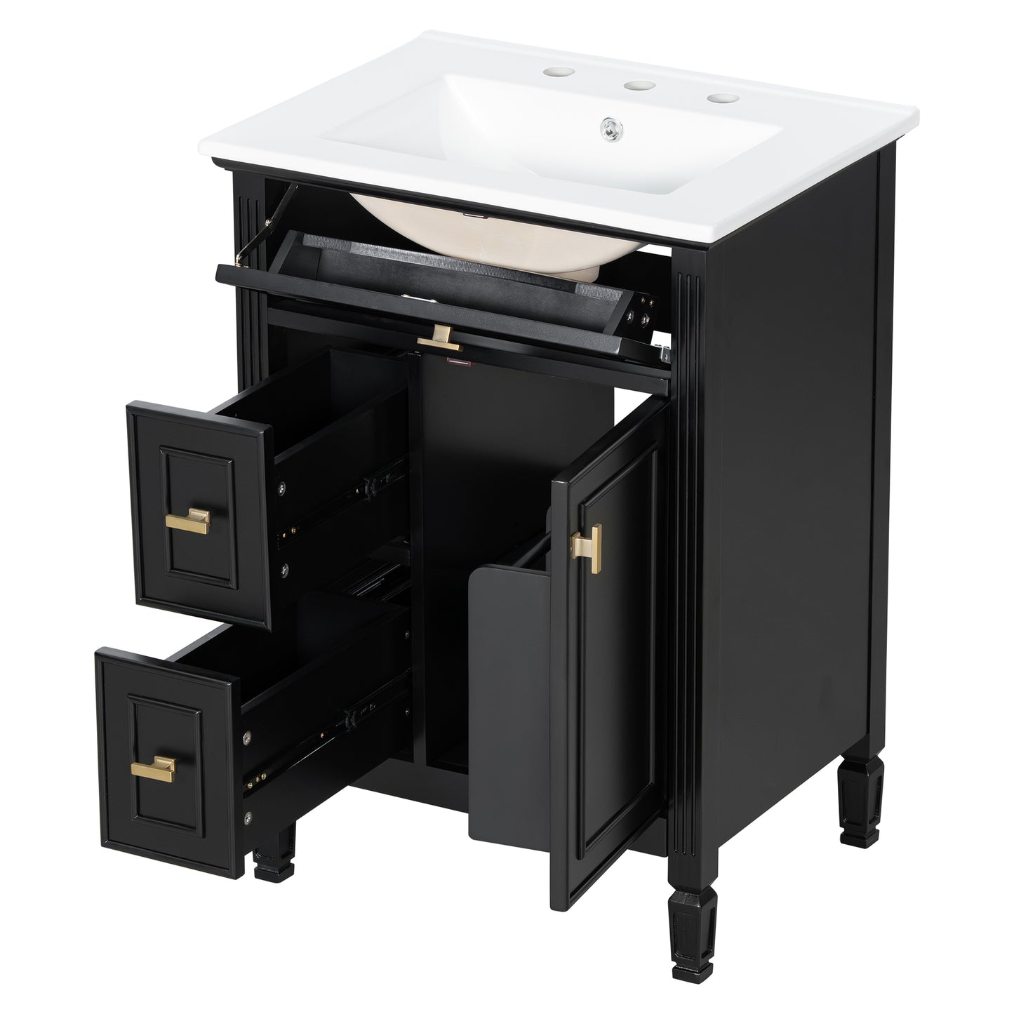 VanityFus 24-in Black Bathroom Vanity Single Sink Combo Ceramic Top 1 door 3 drawers Adjustable Shelves