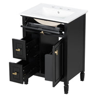 VanityFus 24-in Black Bathroom Vanity Single Sink Combo Ceramic Top 1 door 3 drawers Adjustable Shelves