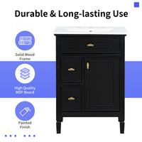 VanityFus 24-in Black Bathroom Vanity Single Sink Combo Ceramic Top 1 door 3 drawers Adjustable Shelves
