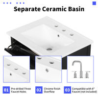 VanityFus 24-in Black Bathroom Vanity Single Sink Combo Ceramic Top 1 door 3 drawers Adjustable Shelves