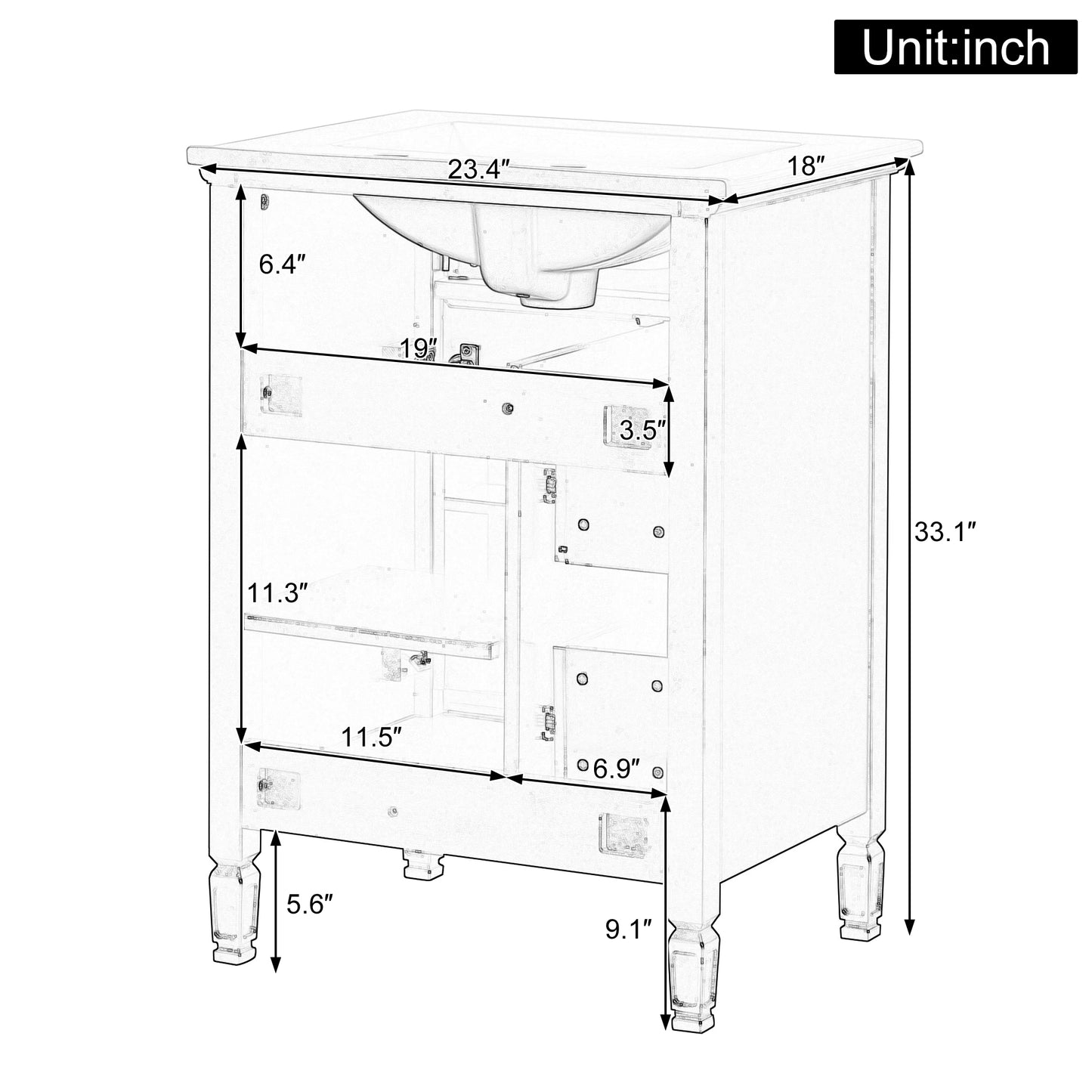 VanityFus 24-in Black Bathroom Vanity Single Sink Combo Ceramic Top 1 door 3 drawers Adjustable Shelves
