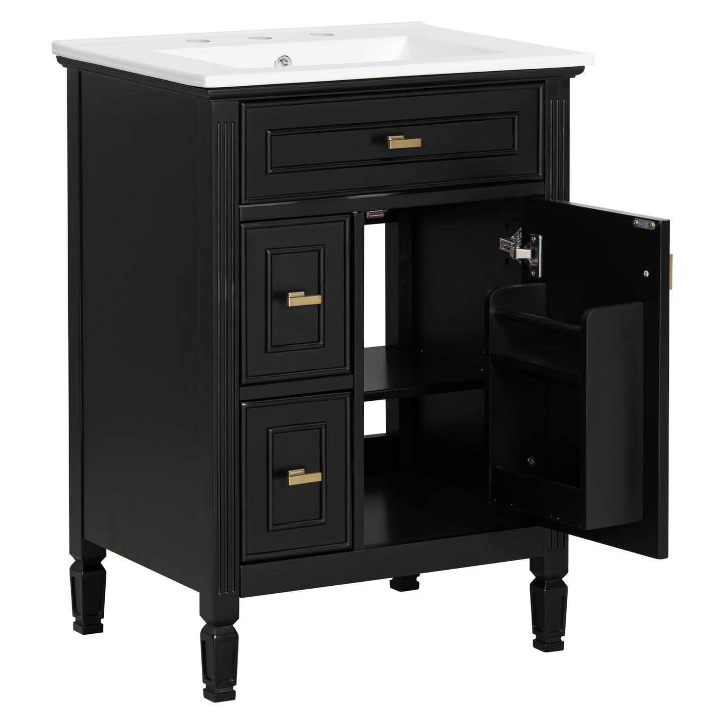 VanityFus 24-in Black Bathroom Vanity Single Sink Combo Ceramic Top 1 door 3 drawers Adjustable Shelves