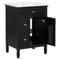 VanityFus 24-in Black Bathroom Vanity Single Sink Combo Ceramic Top 1 door 3 drawers Adjustable Shelves