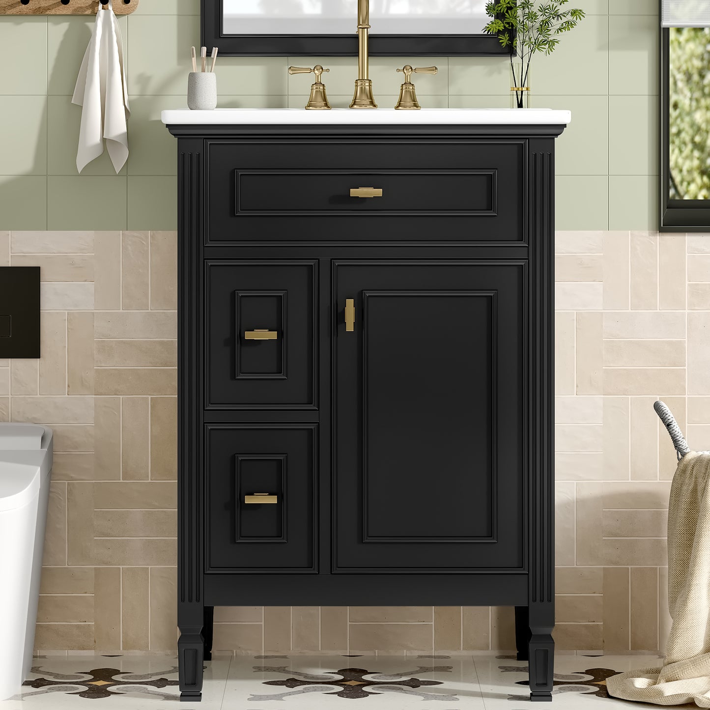 VanityFus 24-in Black Bathroom Vanity Single Sink Combo Ceramic Top 1 door 3 drawers Adjustable Shelves