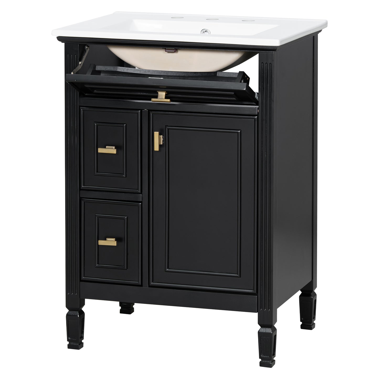 VanityFus 24-in Black Bathroom Vanity Single Sink Combo Ceramic Top 1 door 3 drawers Adjustable Shelves