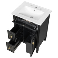 VanityFus 24-in Black Bathroom Vanity Single Sink Combo Ceramic Top 1 door 3 drawers Adjustable Shelves