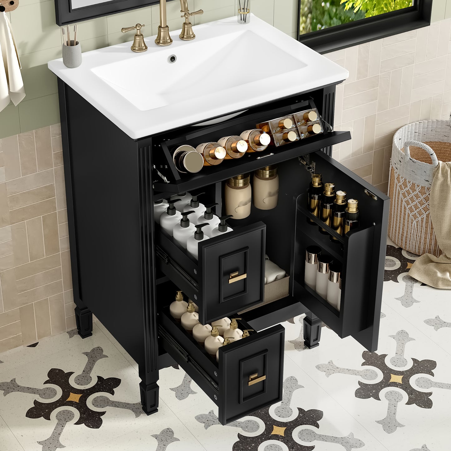 VanityFus 24-in Black Bathroom Vanity Single Sink Combo Ceramic Top 1 door 3 drawers Adjustable Shelves