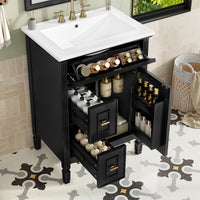 VanityFus 24-in Black Bathroom Vanity Single Sink Combo Ceramic Top 1 door 3 drawers Adjustable Shelves