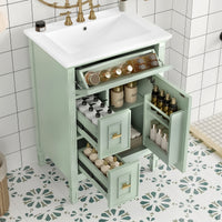 VanityFus 24-in Bathroom Vanity Green Single Sink Combo with Ceramic Top 1 Door 3 Drawers Adjustable Shelves