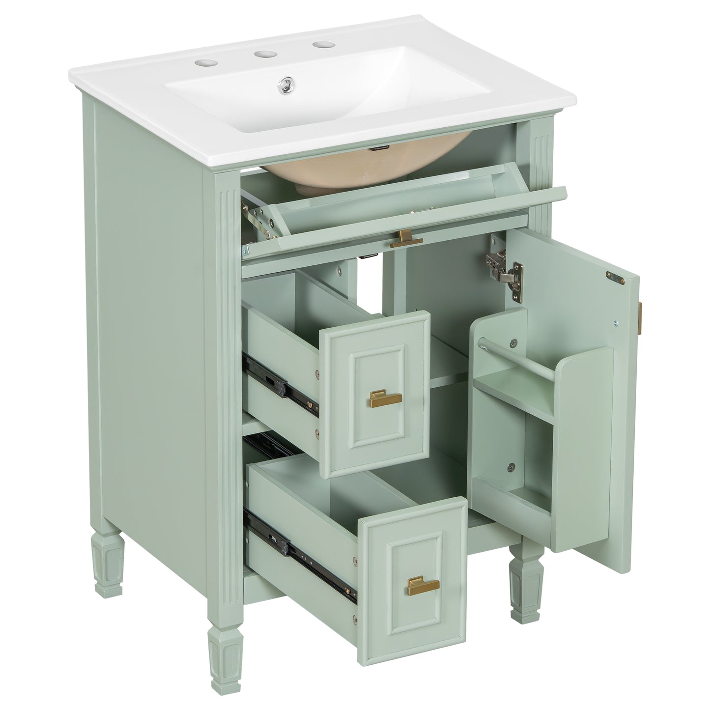 VanityFus 24-in Bathroom Vanity Green Single Sink Combo with Ceramic Top 1 Door 3 Drawers Adjustable Shelves