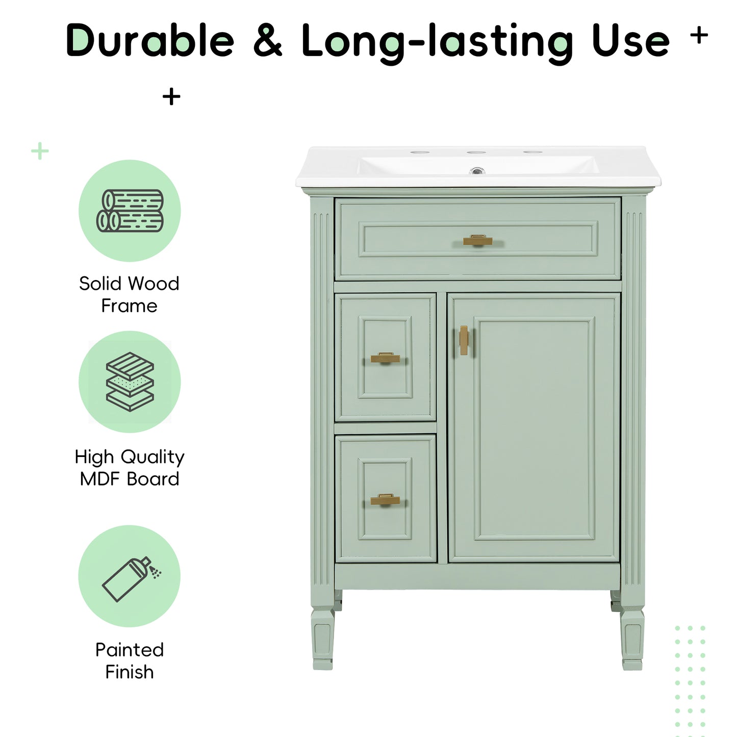 VanityFus 24-in Bathroom Vanity Green Single Sink Combo with Ceramic Top 1 Door 3 Drawers Adjustable Shelves