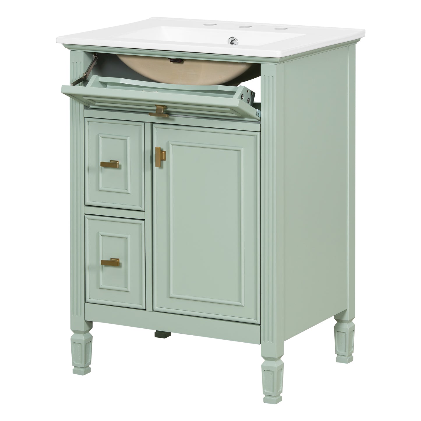 VanityFus 24-in Bathroom Vanity Green Single Sink Combo with Ceramic Top 1 Door 3 Drawers Adjustable Shelves