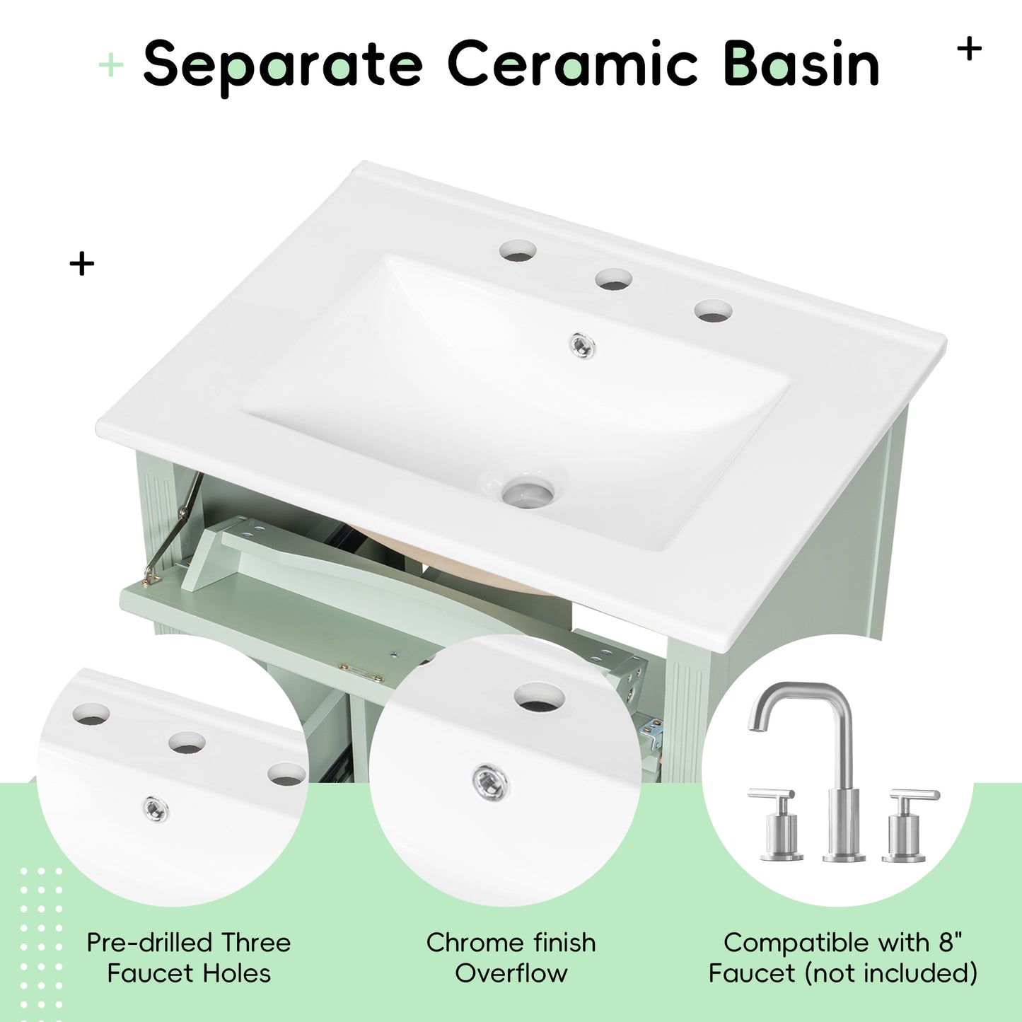 VanityFus 24-in Bathroom Vanity Green Single Sink Combo with Ceramic Top 1 Door 3 Drawers Adjustable Shelves