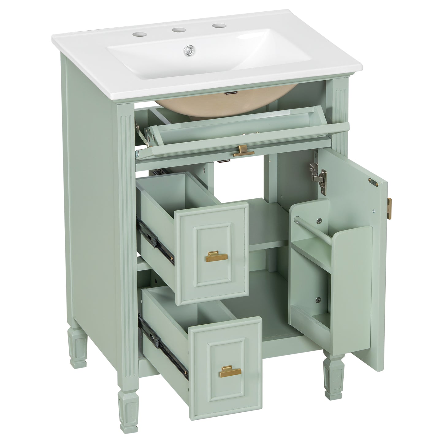 VanityFus 24-in Bathroom Vanity Green Single Sink Combo with Ceramic Top 1 Door 3 Drawers Adjustable Shelves