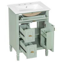 VanityFus 24-in Bathroom Vanity Green Single Sink Combo with Ceramic Top 1 Door 3 Drawers Adjustable Shelves