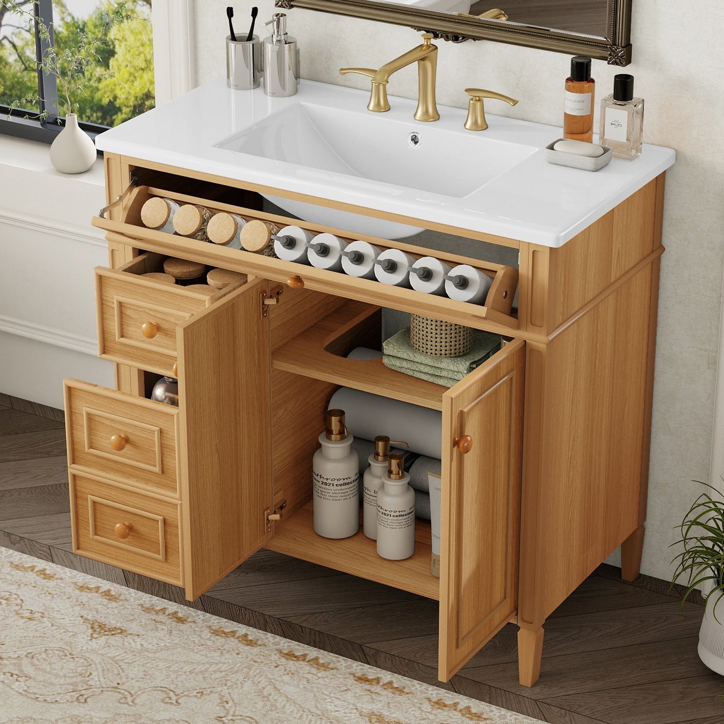 VanityFus 36-in Wood Bathroom Vanity Single Sink Combo Ceramic Top 2 Soft Close Doors 3 drawers Undermount Adjustable Shelves
