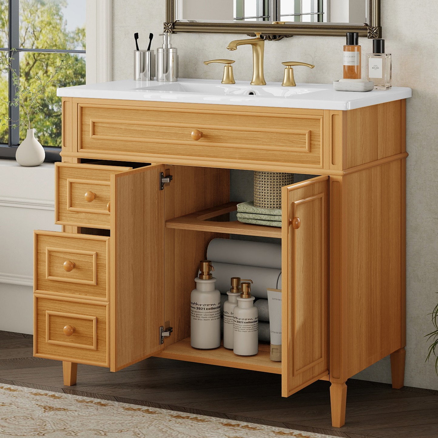 VanityFus 36-in Wood Bathroom Vanity Single Sink Combo Ceramic Top 2 Soft Close Doors 3 drawers Undermount Adjustable Shelves
