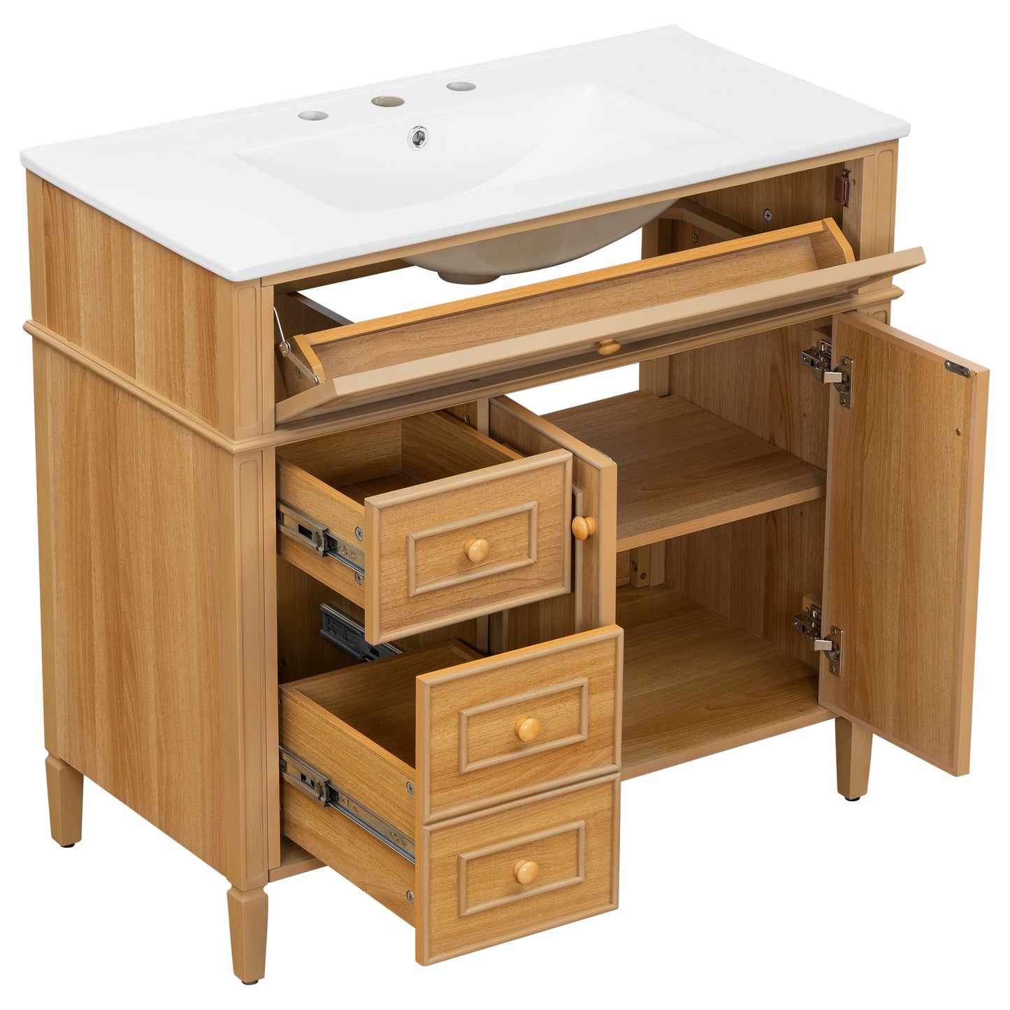 VanityFus 36-in Wood Bathroom Vanity Single Sink Combo Ceramic Top 2 Soft Close Doors 3 drawers Undermount Adjustable Shelves