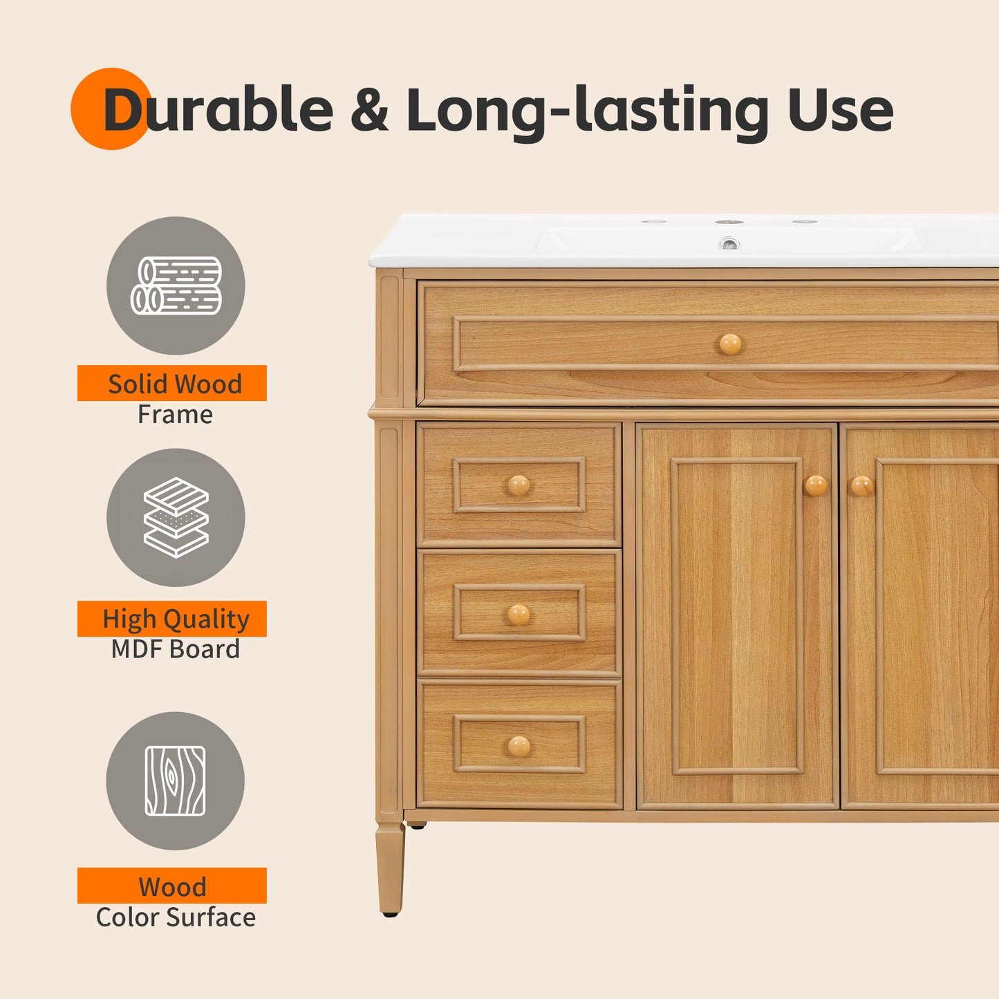VanityFus 36-in Wood Bathroom Vanity Single Sink Combo Ceramic Top 2 Soft Close Doors 3 drawers Undermount Adjustable Shelves